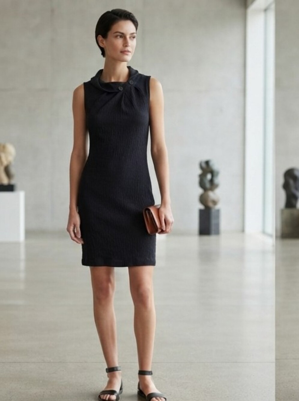 Minimalist Black Textured Sleeveless Shift Dress - Made in San Francisco